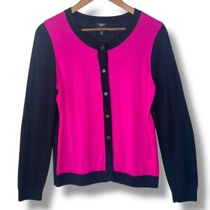 Talbots LP Petite Merino Wool Cardigan Sweater Pink Black Colorblock 90s Y2K Emo